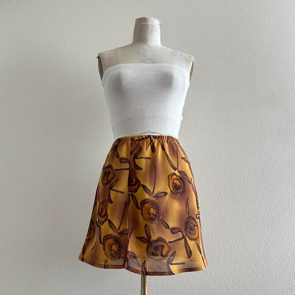 handmade silk blend brown honey yellow floral print mini skirt